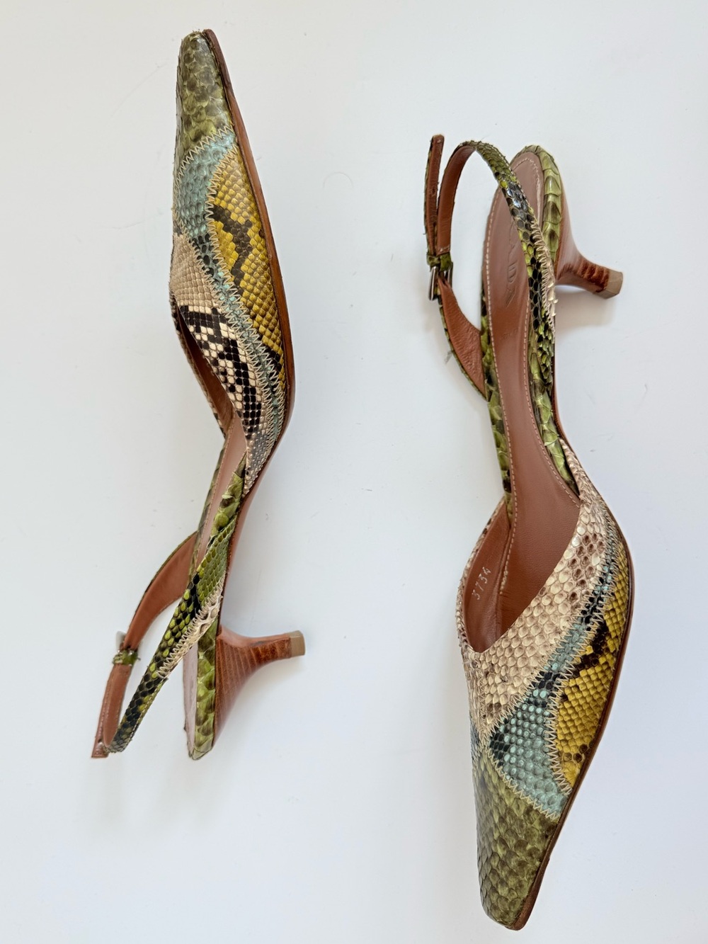 Prada 1P5478 Patch Summer Menta Python Snakeskin Slingback Heels 38 Y2K - Picture 4 of 8